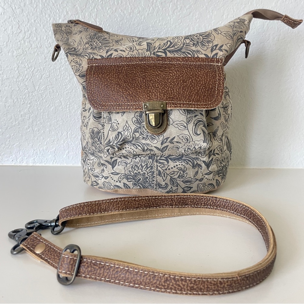 👜 MYRA BAG TAUPE BLUE FLORAL CANVAS & LEATHER❣️